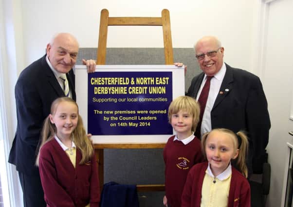 Pictured are Chesterfield Borough Council leader John Burrows and NE Derbyshire District Council leader Graham Baxter with Mary Swanwick School pupils at the launch of the Chesterfield and North East Derbyshire Credit Union launch.