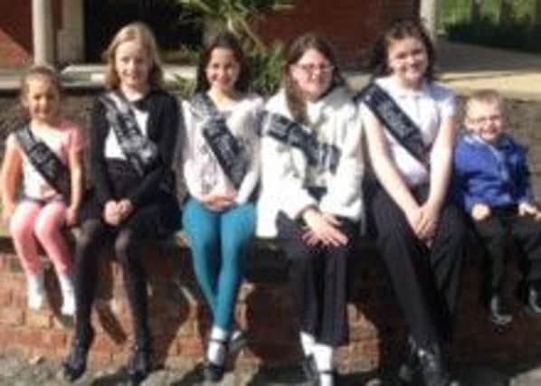 Hasland Gala Day royalty. Petal Lilly Hinksman, Princess Ellie Hulett, Personality Princess Amelia Pickering, Junior Queen Shannon Winters and Queen Bailey Kennady with her Pageboy Edward Kennady