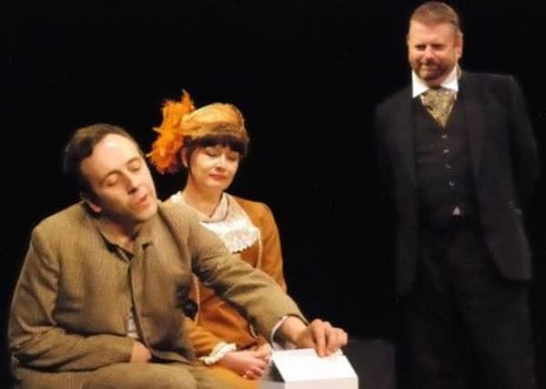 Steve Cowley (playing John Merrick), Nicky Beards (Mrs Kendal) and Rob Dean (Frederick Treves), left to right, in The Elephant Man.