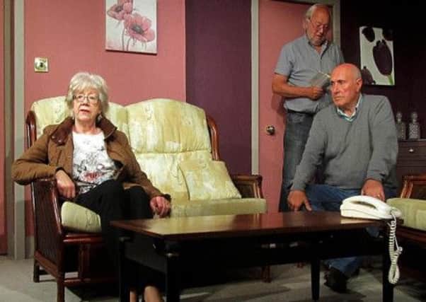 Cathy DiNitto (Jenny), Tim Burgoyne (Jeff) and John Donnelly (Daniel) in No Love Lost, presented by City Players.