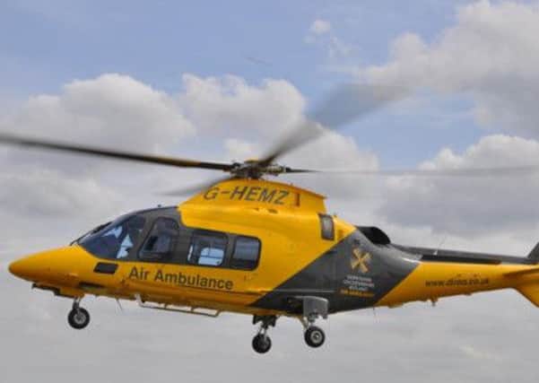 Pictured is a Derbyshire, Leicestershire and Rutland Air Ambulance.