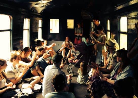 A performance inside a steam train at the festival. Picture: Tom Robards.