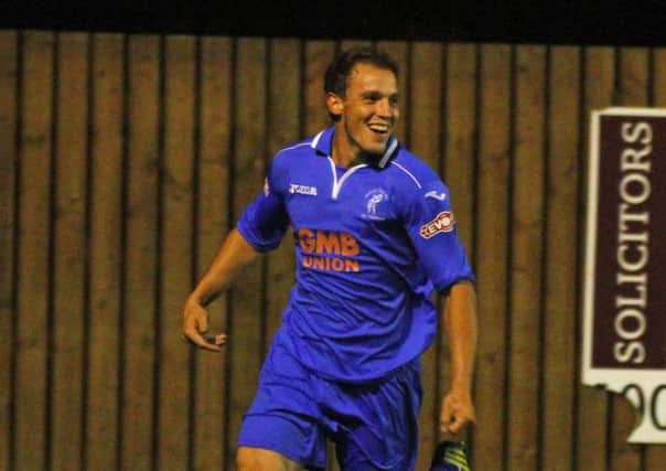 Danny Holland celebrates against Stamford by Tina Jenner Matlock Town v Stamford AFC