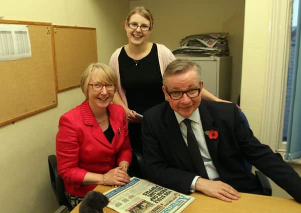 L/R: Maggie Throup prospective parlimentary candidate for Erewash, Elizabeth Fry, Michael Gove.