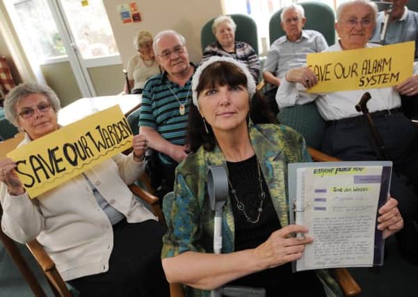 Residents at Glebe Court protest against cuts to their alarm system and warden. Fronted by Shirley Stewart.