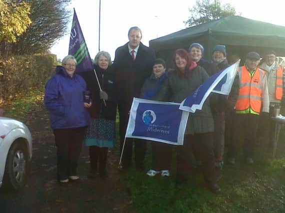 Staff at a picket line in Chesterfield with local MP Toby Perkins.