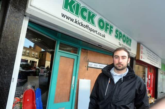 Rob Lowe, owner of Kick Off Sport on Firs Parade, where a car ran into his shop front.