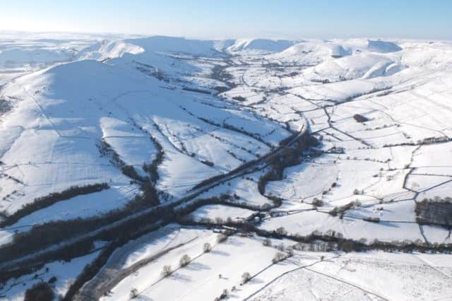 Aerial pictures shows the beautiful snow covered Hope Valley in the Peak District.  Paul Haxby / rossparry.co.uk