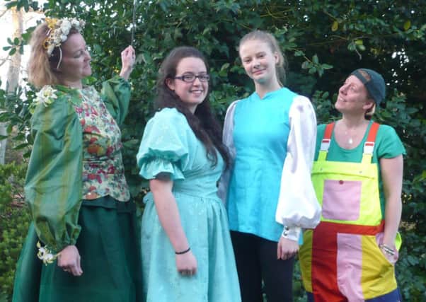 Lindsay Ashmore as Fairy Greenbean; Rachel Bricklebank as Alice; Ellie Ashmore as Jack and Rachel Coop-Bassett as Simple Simon in Jack and the Beanstalk in Dronfield