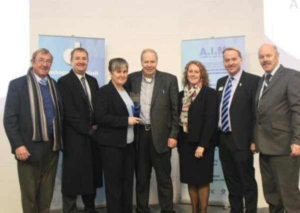 Pictured is award winner Allison Kemp, of AIM Services, with John Nelson from Nelson Distribution, Nigel Mills MP, Chris Balls, Lindsay Allen from D2N2, Rod Dubrow-Marshall, Vice Chancellor University of Derby and Carl Lomas, D2N2 LEP Sector Chair for Logistics.