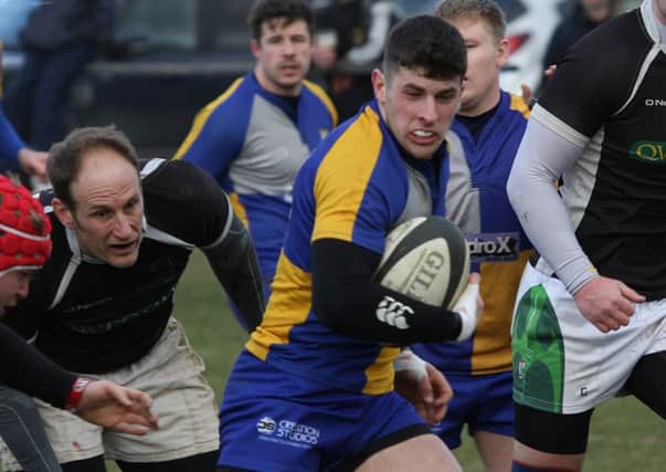 James Fairclough is pictured in action against Kesteven. He scored two tries in the 40-5 win to help Matlock into the NLD Shield final. Photo by Colin Baker.