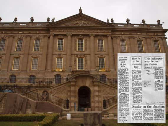 The helicopter was spotted above Chatsworth House and, inset, newspaper stories from the time.