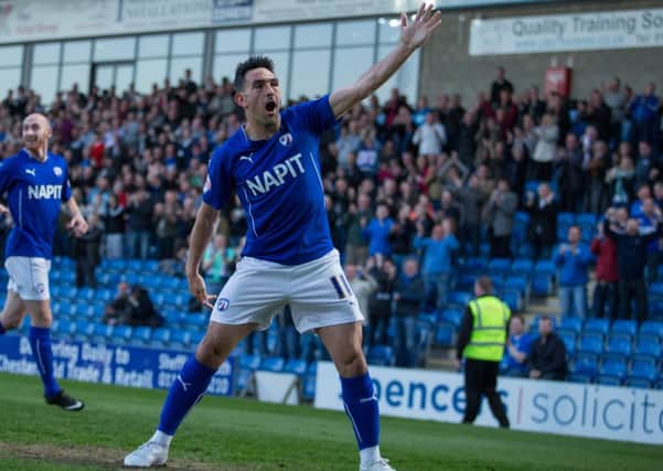 Chesterfield vs Colchester - Gary Roberts celebrates his strike - Pic By James Williamson