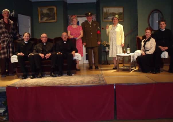 Dave Paddick (The Bishop of Lax), Chris Peck (Lance Corporal Clive Winton), Ken Radmore (The Revered Arthur Humphrey), Mick Whitehouse (The Reverend Lionel Toop), Tracy Crowther (Ida), Paul Holland (Sergeant Towers), Ruth Bonner (Miss Skillon), Louise Sutton (Penelope Toop), Istvan Koszegi (The Intruder) in Bolsover Drama Group's production of See How They Run!