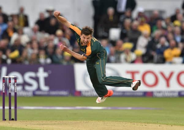 Harry Gurney following through during the NatWest T20 Blast match between the Outlaws and the Bears at Trent Bridge.  Photo: Simon Trafford