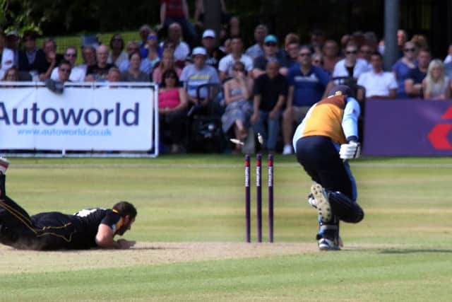 Derbyshires Billy Goodleman is run out by Tim Bresnan.