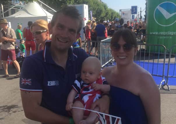 Pete Shuttleworth with son Albie and wife Gemma in Geneva
