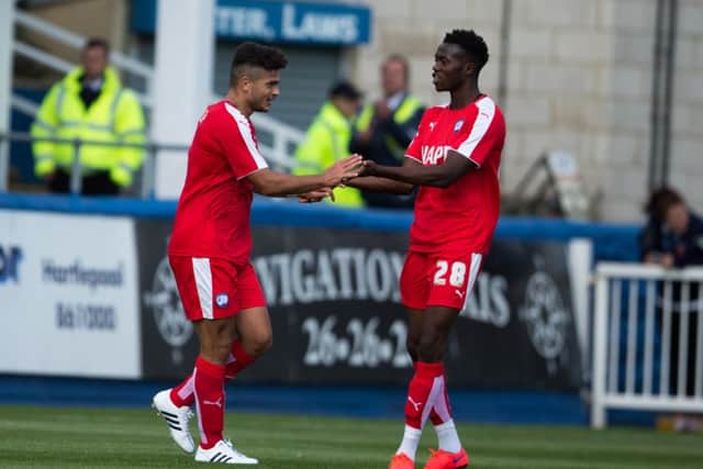 Hartlepool United vs Chesterfield - Sam Morsy celebrates his goal with Gboly Ariyibi - Pic By James Williamson