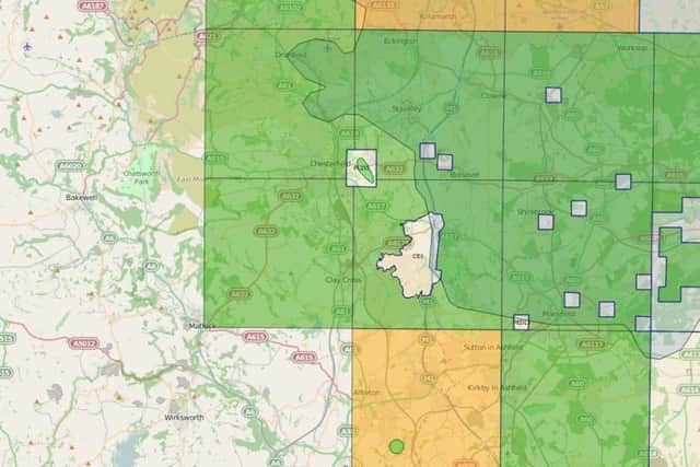The area around Alfreton has been affected, and a landblock covering Northeast Derbyshire is now being assessed - expected to be decided by the end of the year, along with areas of Nottinghamshire and Yorkshire (green).