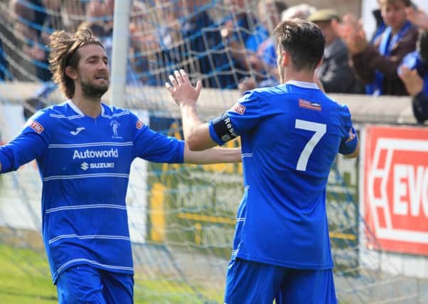 Action from Matlock Town v Colwyn Bay. Ted Cribley celebrates after scoring for Matlock.