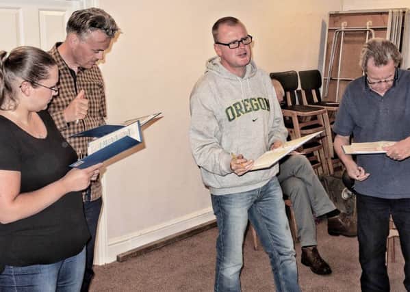 Hathersage Players rehearse for A Flea in the Ear. Pictured are:Gemma Laidler as Raymonde Chandebise, Jerry Edmans as Romain Tournel, Denis Murphy as Victor Emmanuel Chandebise/Poche, and Alistair Cook as Augustin Feraillon.