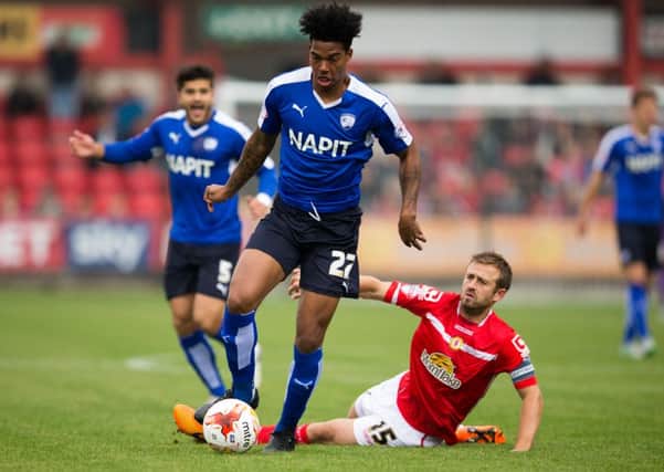 Rai Simons in action for Chesterfield at Crewe last Saturday, where he set up the first goal for Dan Gardner. Photo by James Williamson.