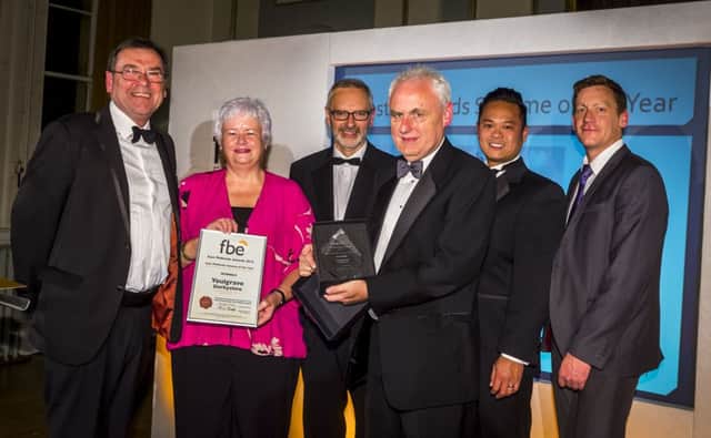 Compere John Hess, Alison Clamp from Midlands Rural Housing, Mike Brown from award sponsor Duncan & Toplis, David Gafney, from David Lewis Associates, Simon Chan from Lindum Construction, and Matt Rice from emh group. Photo: Peter Alvey.