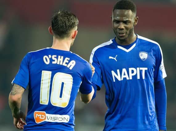 Jay O'Shea and Mani Dieseruvwe celebrate Chesterfield's win - Pic By James Williamson
