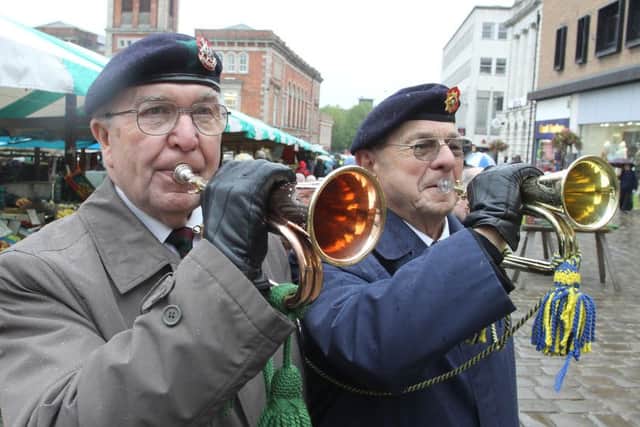 Royal British Legion buglers Ken Trustwood and Mick Bridge announve the official start of Chesterfield's poppy appeal