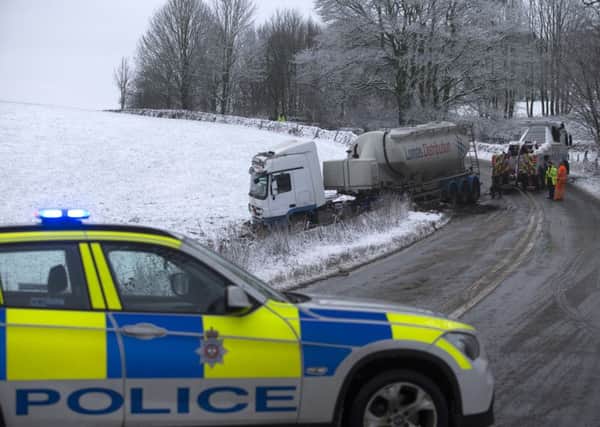A lorry slides off the A515 near Ashbourne in the Derbyshire Peak District near Ashbourne after overnight snowfall.All Rights Reserved: F Stop Press Ltd. +44(0)1335 418365   +44 (0)7765 242650 www.fstoppress.com