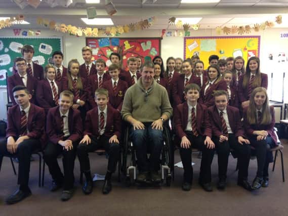 A former Paralympian has been helping students at Saint John Houghton Catholic Voluntary Academy to understand the barriers facing disabled people. for use in Ilkeston 18/2/16.  Sent by Nicola Allen PR. M:07896 305059
E:nicola@allenpr.co.uk