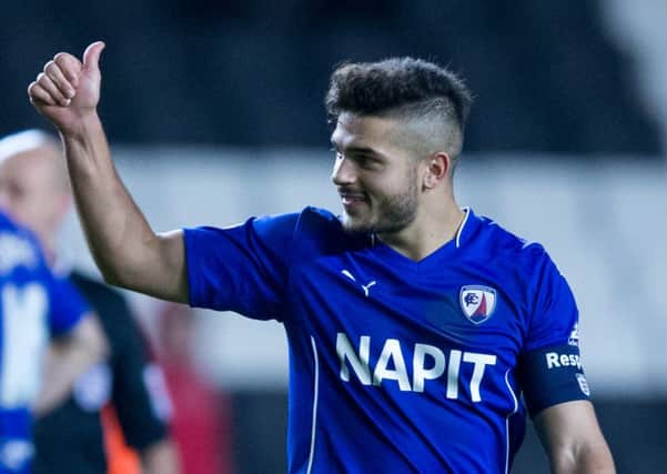 MK Dons vs Chesterfield - Chesterfield's Captain for the day Sam Morsy gives a thumbs up to the travelling Chesterfield crowd - Pic By James Williamson