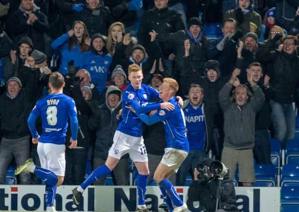 Chesterfield vs Scunthorpe - Sam clucas celebrates with Eoin Doyle as he puts Chesterfield into the lead against Scunthorpe in their fa cup replay - Pic By James Williamson