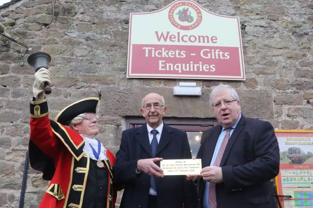 Opening of the Ecclesbourne Valley Railway's new booking office, MD Mike Evans with Transport Secretary Patrick McLoughlin and town crier Harry Bodkin