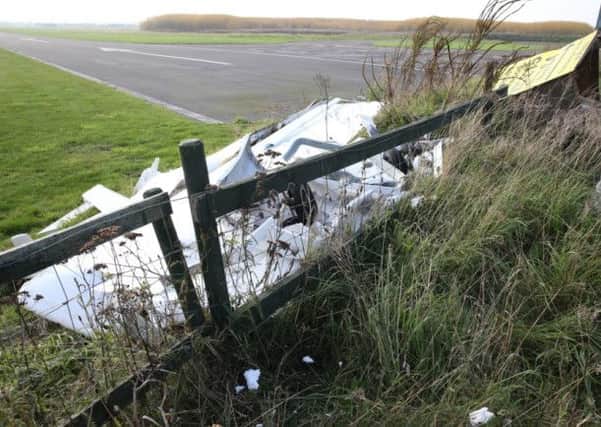 Pictured is the wreckage from the Sandtoft Airfield crash involving an 85-year-old pilot who survived with his passenger.