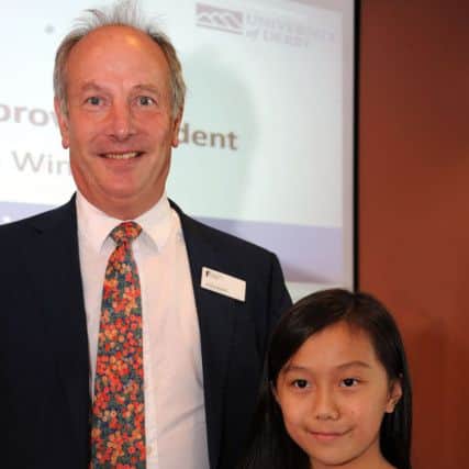 Ashlie Chung is interviewed by host Steven Smith after being presented with her Most Improved Student award by Jeremy Asquith from Chesterfield College.