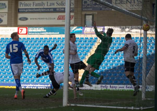 Chesterfield Reserves vs Gateshead Reserves - Jordan Slew secures his hat trick with this header - Pic By James Williamson