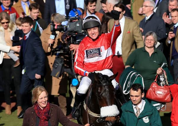 Barry Geraghty celebrates winning the Ultima Business Solutions Handicap Chase on The Druids Nephew at the Cheltenham Festival last March 10. The 20/1 Grand National shot is entered in the Grimthorpe Chase at Doncaster this Saturday. Photo: Nick Potts/PA Wire.
