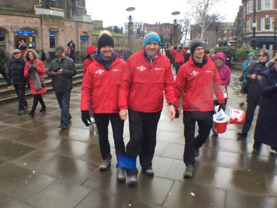 BBC Look North's Paul Hudson and Harry Gration set off in Rotherham on their Three Legged Challenge for Sport Relief