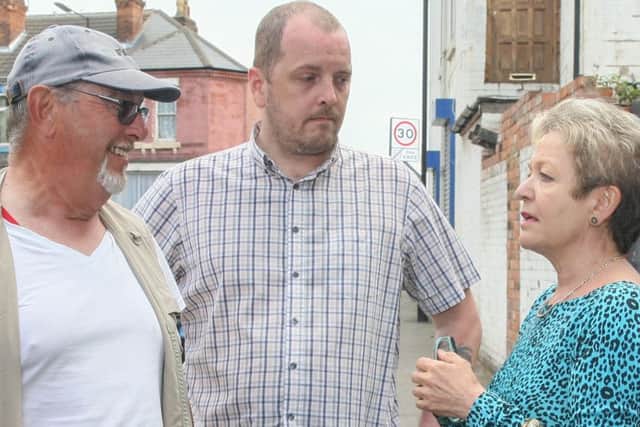 Rosie Winterton doing a special walking surgery to deal with issues over anti-social behaviour in Hexthorpe     L>R Mr E Johnson, Stuart Boardman, RT Hon Rosie Winterton