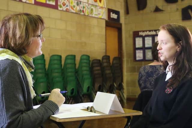Caroline White, CEO of YHA, conducts mock interview at Matlock's Highfields School.