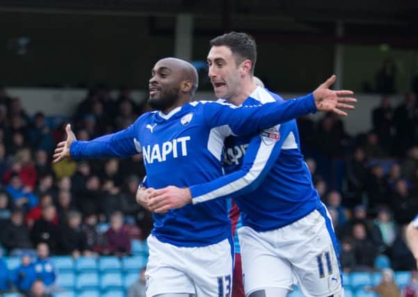 Scunthorpe United vs Chesterfield - Jamal Campbell-Ryce celebrates his goal after joining Chesterfield on loan on the morning of the game - Pic By James Williamson