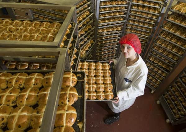 Hot cross buns being made for M&S at Gunstones Bakery near Chesterfield, Derbyshire. All Rights Reserved: F Stop Press Ltd.