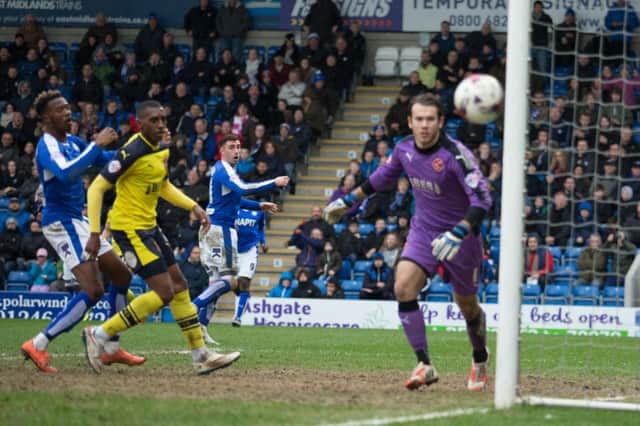 Chesterfield vs Fleetwood Town - Lee Novak watches his glancing header go past the post - Pic By James Williamson