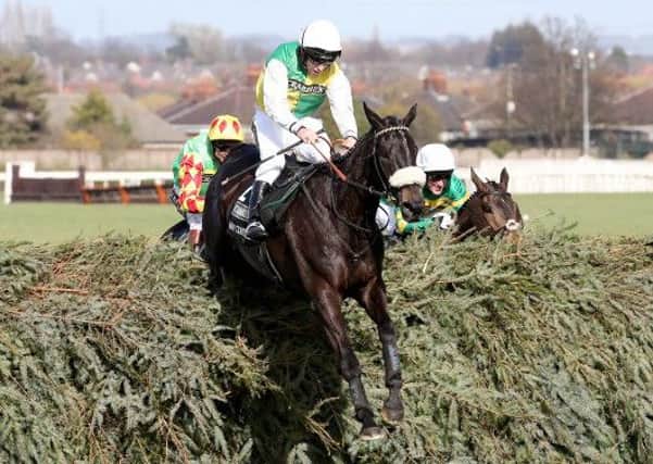 ON CLOUDS NINE -- Many Clouds, ridden by Leighton Aspell, jumps the final fence on his way to Aintree glory in last year's Grand National. He's favourite to triumph again on Saturday.
