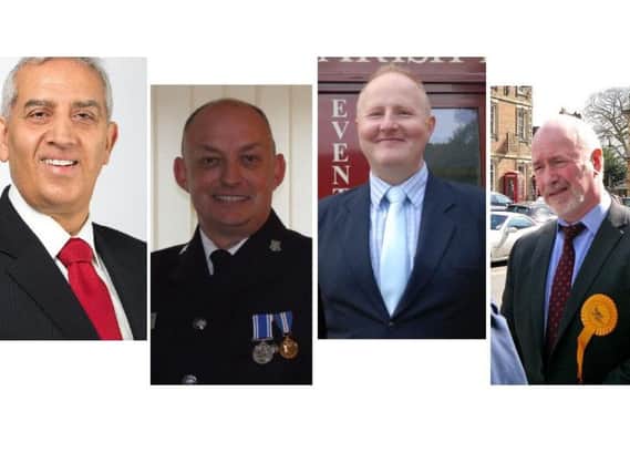 Derbyshire's candidates for Police & Crime Commissioner. (L-R) Hardyal Singh Dhindsa, Stuart David Yeowart, Richard Bright, Tom Snowdon.