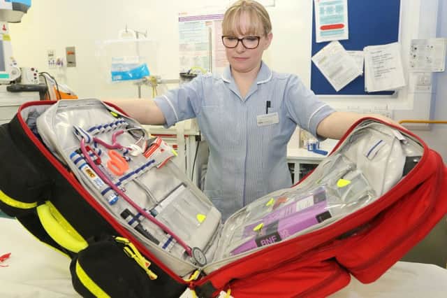 Chesterfield Royal, A+E, Kim Castelluccio shows the contents of one of the departments grab bags which are used when emergencies occur in other areas of the hospital