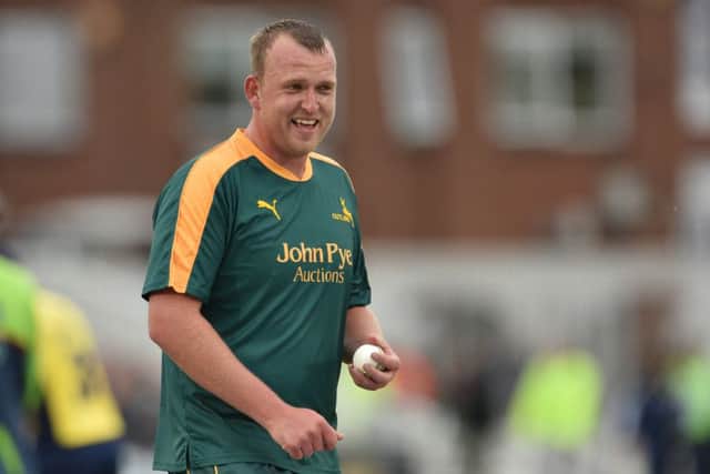 Luke Fletcher smiling during the NatWest T20 Blast match between the Outlaws and the Bears at Trent Bridge, Nottingham on 15 May 2015.  Photo: Simon Trafford