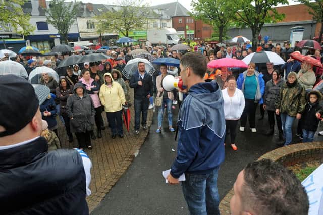 Troy Kissane, who was the main spokesman during the Shirebrook protest rally on Saturday, addresses the crowd in Shirebrook Market Place.