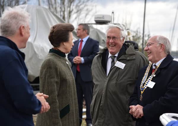 HRH The Princess Royal meets Mike Webb, Rotary Club of Bakewell President, and Trevor Wheeler, Immediate Past President, Wirksworth Rotary Club.